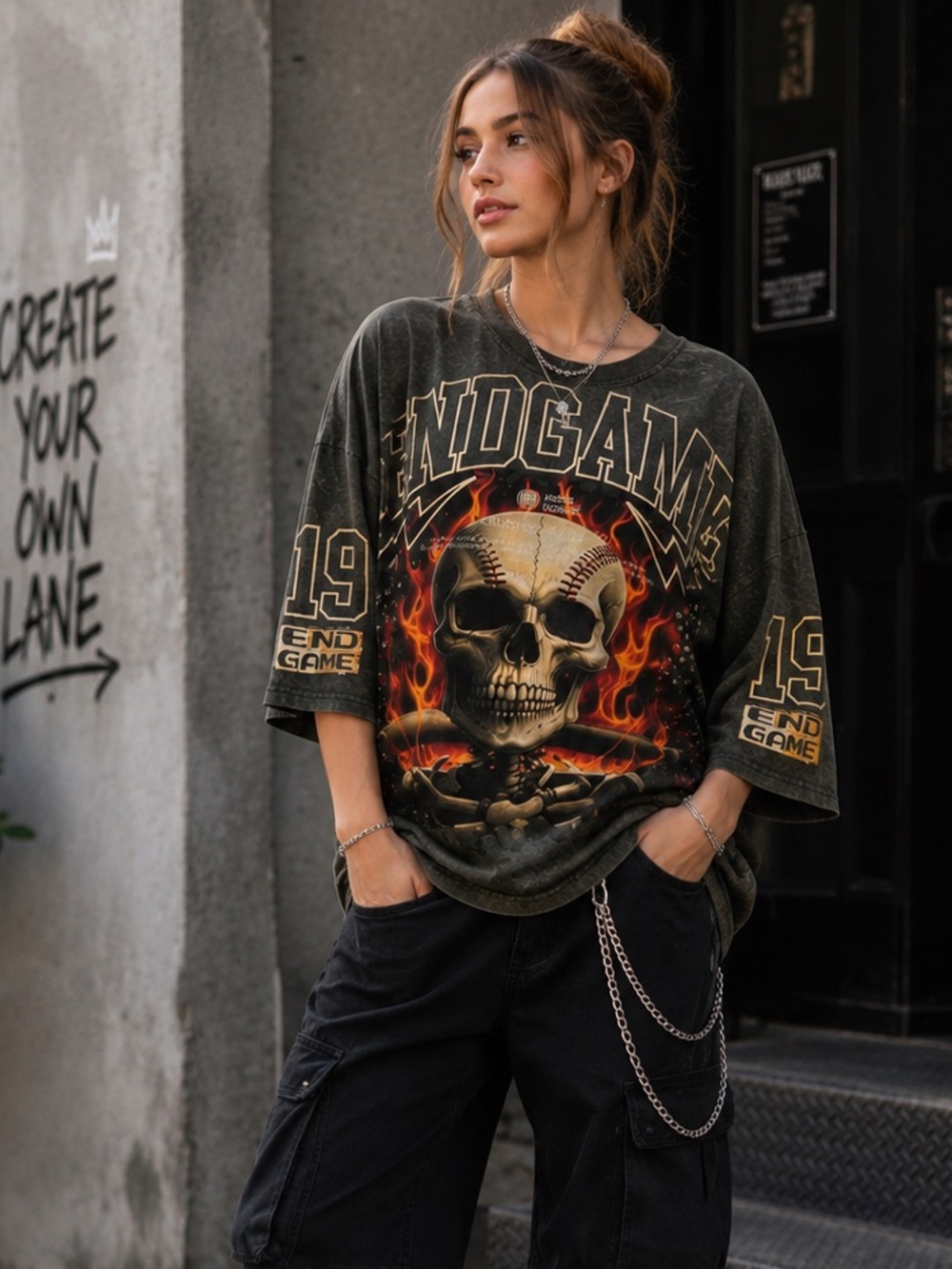 STRAY World Disorder Skull Flame Rhinestone Oversized Graphic Tee L
